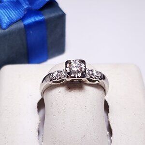 Vintage .15ctw Natural Diamond Solitaire & accents 14Kt WG Engagement Ring#20989